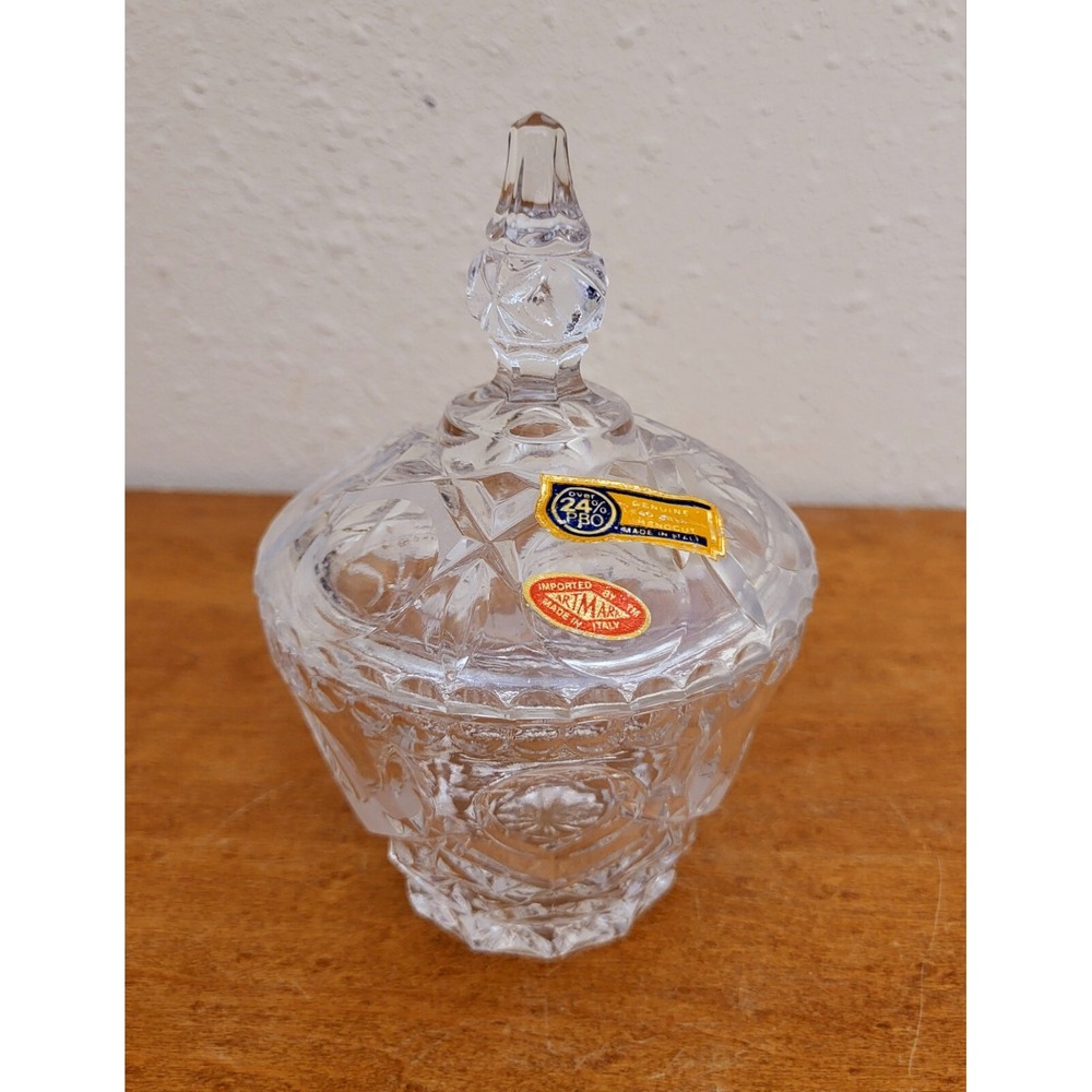 Vtg Italian Handcut 24% Lead Crystal Covered‎ Frosted Candy Dish Art Mark Italy